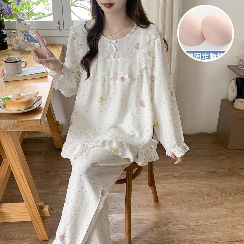 Women's Princess Style Cotton Pajama Set with Padded Bust - Lace Trim Long Sleeve for Spring/Autumn