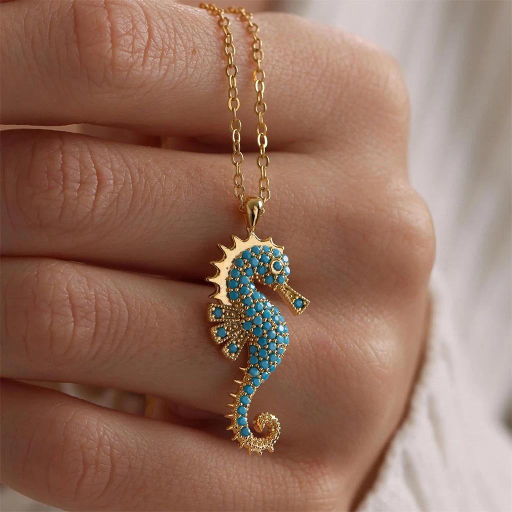 Seahorse Pendant Necklace | Gold Plated Stainless Steel with Zircon Inlay, Jewelry for Women
