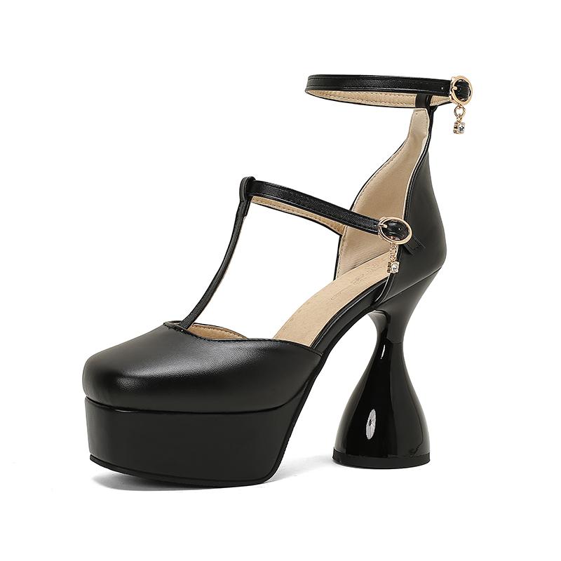 

Plus Size T-Strap Ankle Buckle Narrow Band Ultra-High Irregular Heel Fashion Sandals Square Toe Hollow Sexy Women s Sandals 38 чорний