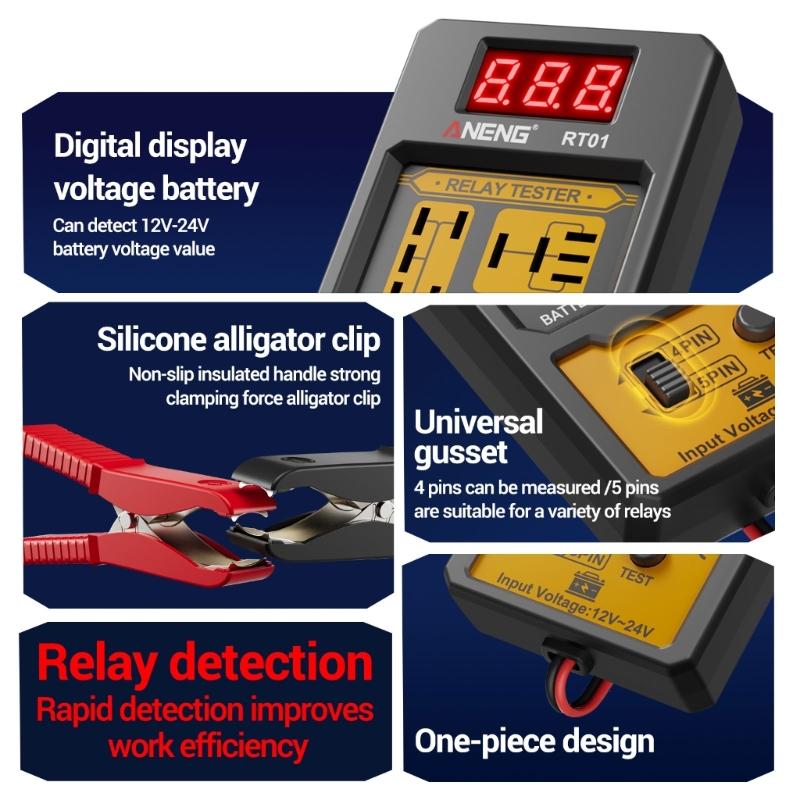 Digital Battery Voltages Tester Detector Relays Analyzers Tool for 4 Pin 5 Pin Automotive Relays Insulated Silicone Design