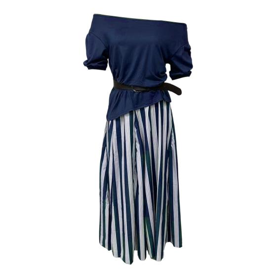 Women's Summer Vacation 2 Piece Skirt Sets Off Shoulder Short Sleeve Top And Striped Flowy Maxi Skirt Casual Travel Outfits with Belt