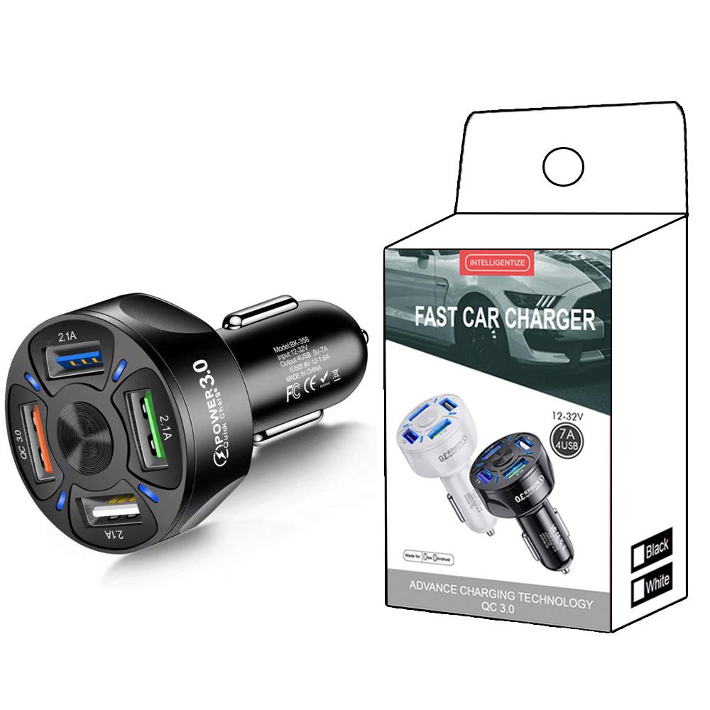 7A 35W QC3.0 4-Port USB Fast Car Charger for Mobile Phones