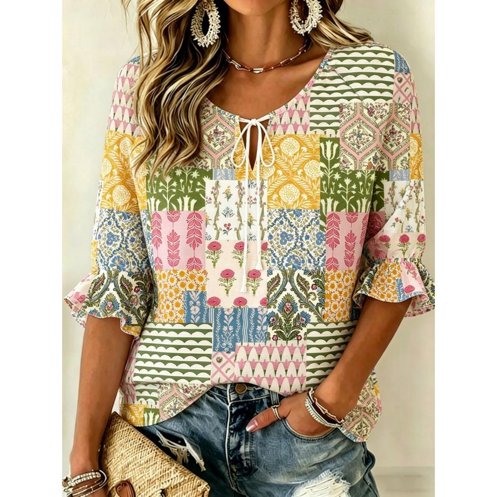 Women's Beige Multicolor Floral Print Tie Neck Blouse, Casual Loose Tops for Spring Summer Daily Wear & Vacation Occasions