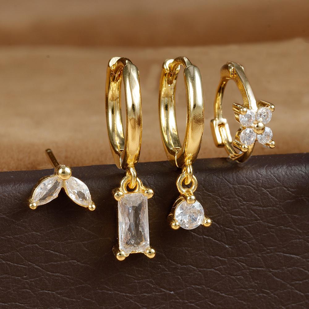 4PCS Stainless Steel Huggies Hoop Earrings Set For Women Rose Red Crystal Zirconia Unique Cartilage Earrings Piercing Jewelry