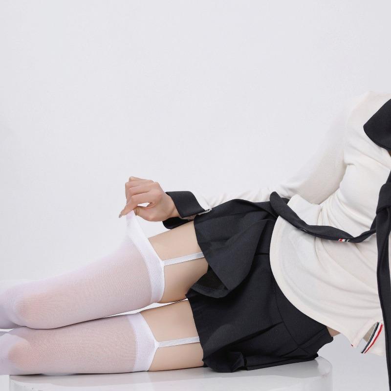 Women Suspender Wide-Banded Velvet Tights Lolita Thin Thigh High Stockings With Garters Y2K Jk College Over The Knee Socks