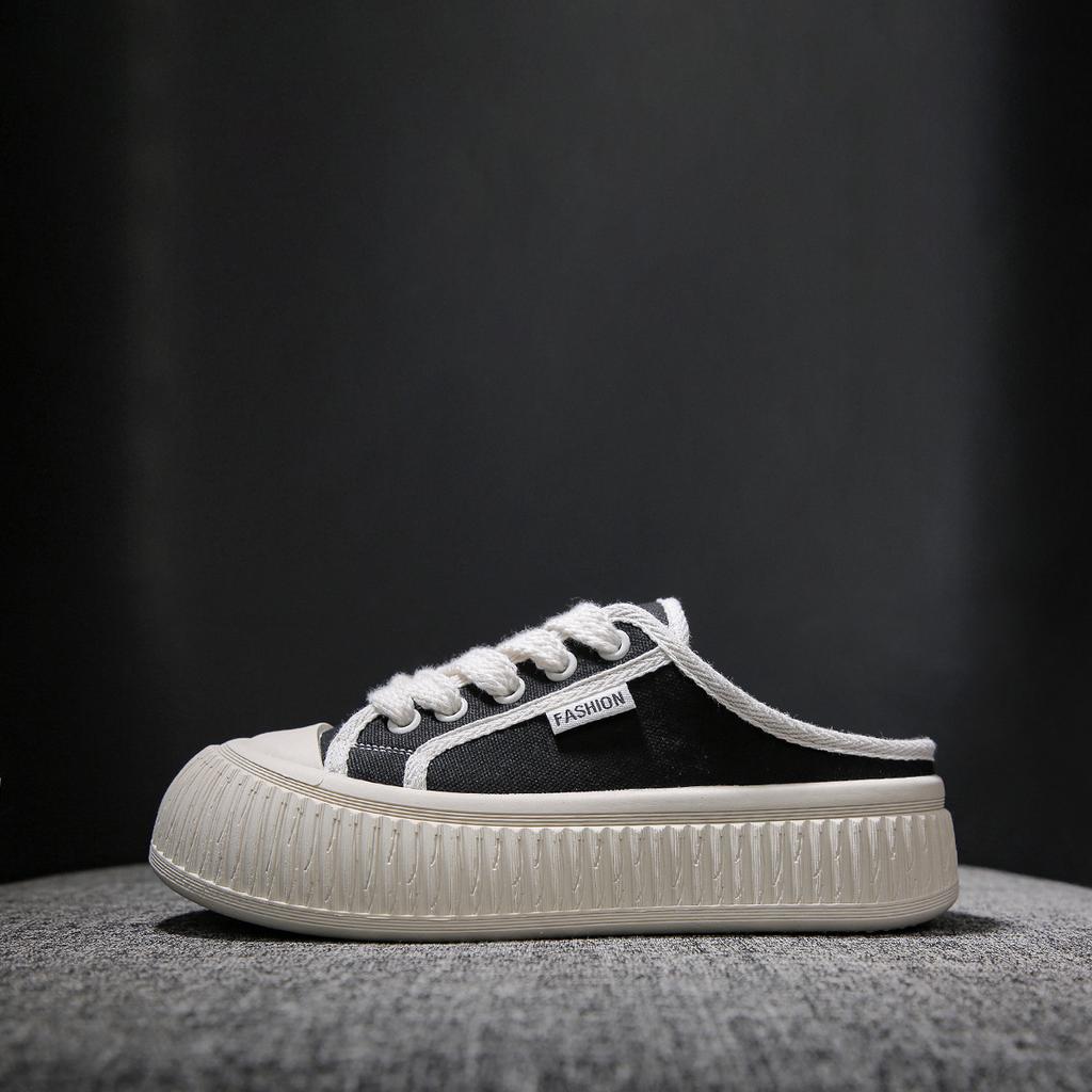 Half Dragged White Shoes for Women Breathable and Casual Canvas Shoes