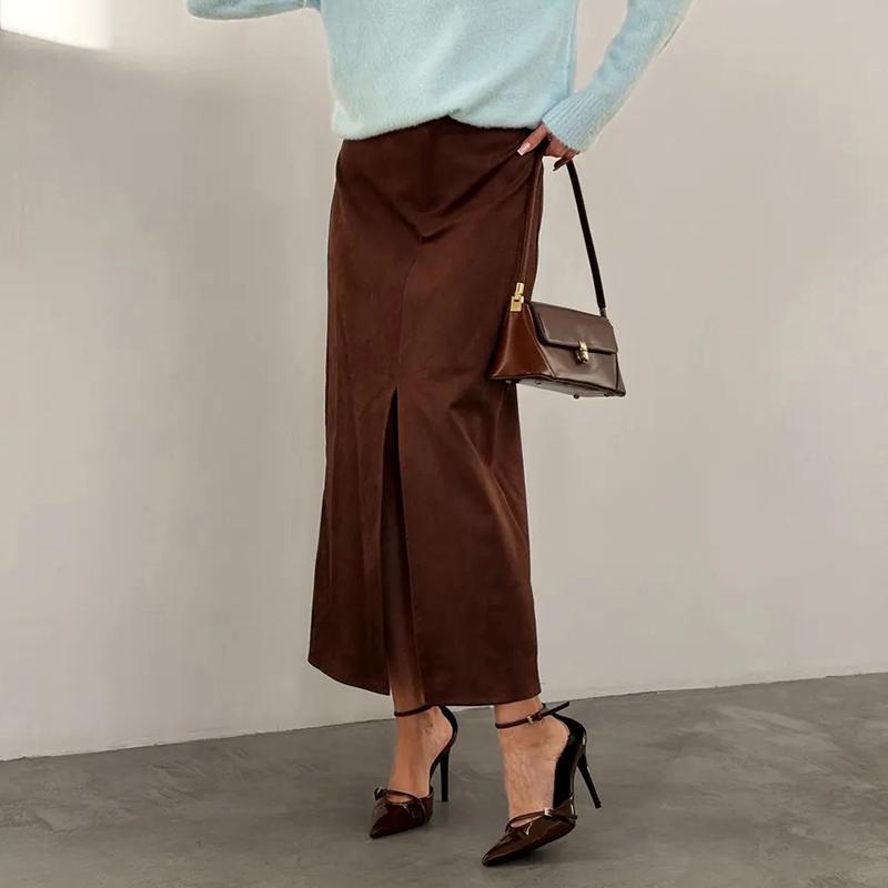 Suede Skirt Women 2026 Spring Faux Suede Leather Regular Fit Pencil Skirts Retro High Waist Commuting Vintage Long Skirt Femme