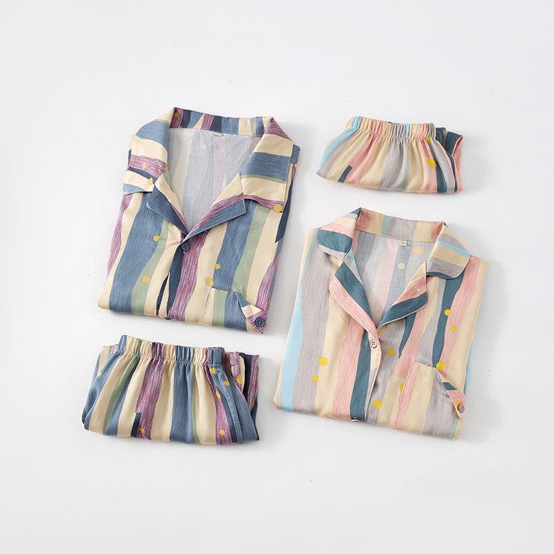 Spring and summer new retro oil painting striped pajamas couple casual loose short-sleeved trousers set loungewear