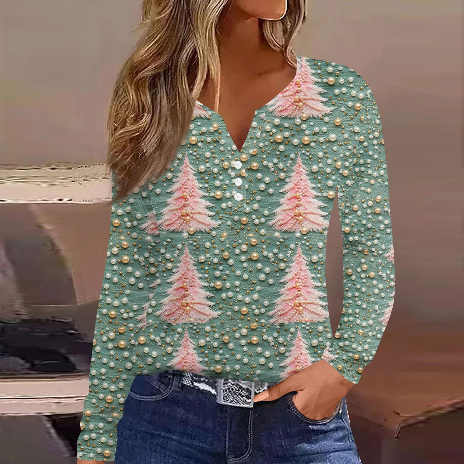 

Женская модная повседневная футболка с длинным рукавом и V-образным вырезом на рождественском принте на пуговицах XXXL зелёный