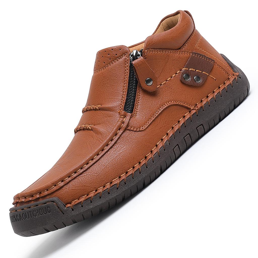 Men's High-top Casual Leather Shoes Hand-stitched Plus Size 38-50 Non-slip Soft Sole Flats with Zipper for Walking Working