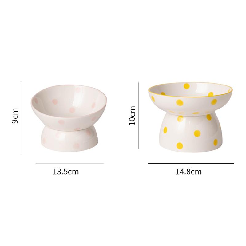Ceramic Tall Footed Drinking Water Bowls, Anti Overturning Oblique Mouth, Neck Protection, Round Dot Cat Bowl, Pet Articles, 1Pc