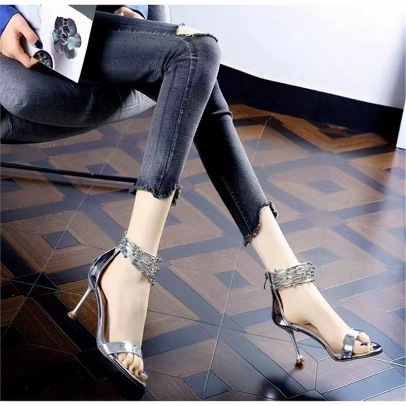 High heels women's 20254 summer new sexy rhinestones European and American gold back zipper open-toed stiletto sandals women