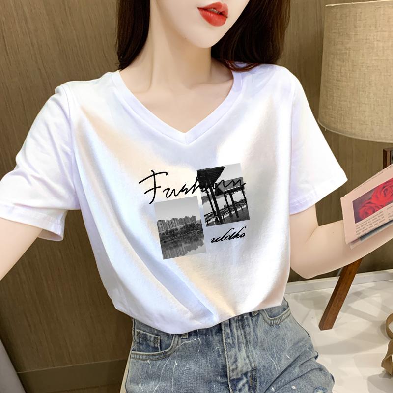

женская футболка с V-образным вырезом из чистого хлопка, с короткими рукавами, лето 2025, новая, в зарубежном стиле, шикарная, из чистого хлопка, женская футболка большого размера S