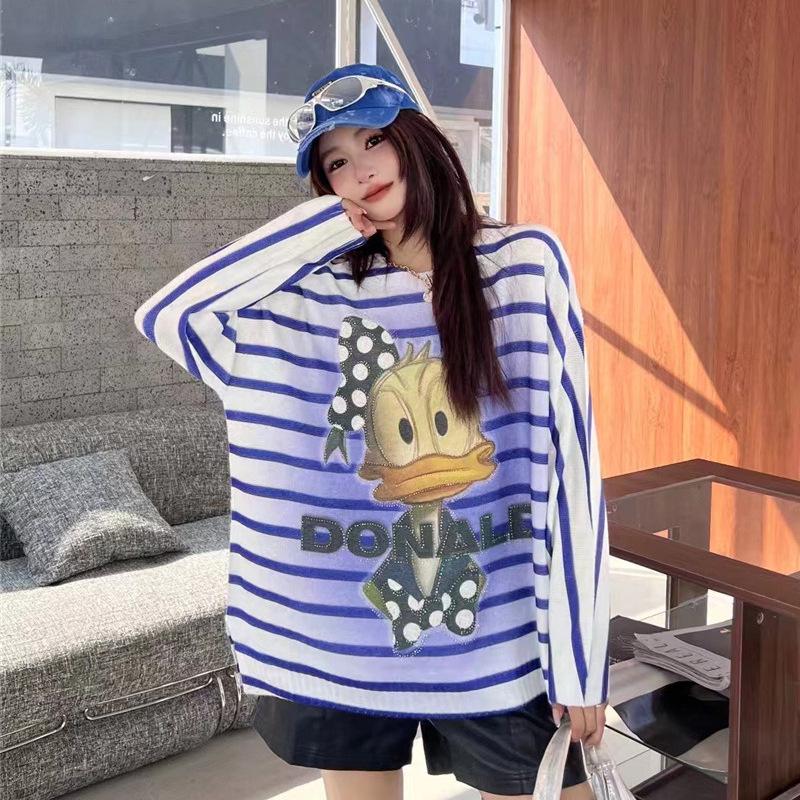 Women's Long Sleeve Plus Size Striped Sweater T-Shirt with Cartoon Print, Rhinestones, and Hip-Length Round Neck Design.