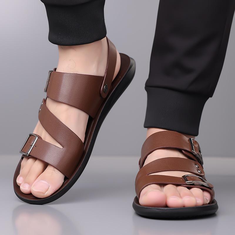 Summer New Men Gladiators Black White Brown Belt Buckle Pu Leather Casual Shoes Breathable Beach Sandals Outdoor Slippers