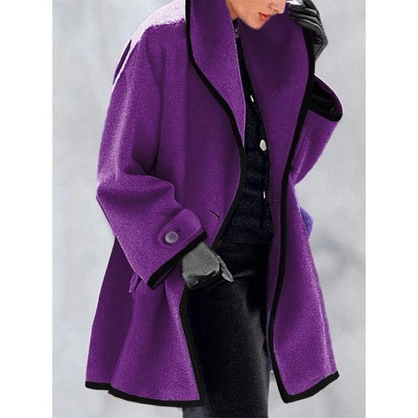 Women's Long Coat with Black Trim, Button Front Closure, Multiple Colors (Blue, White, Red, Beige, Purple, Gray, Black)