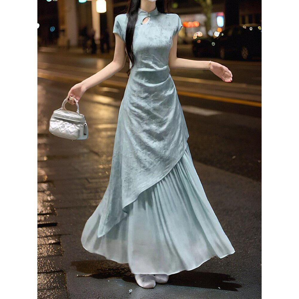 New Chinese Cheongsam Summer New Style Fashionable Irregular Fake Two-piece Slim Dress