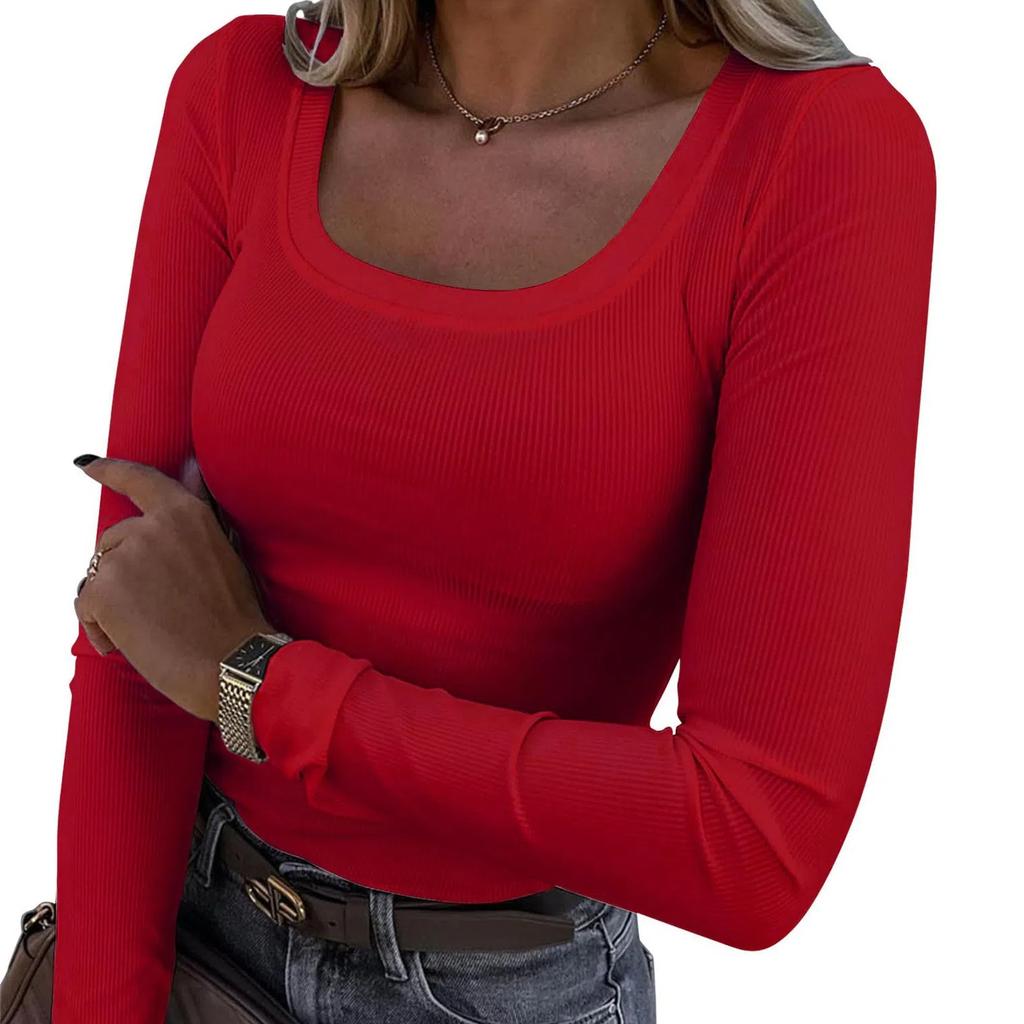 Womens Long Sleeve Scoop Neck Ribbed Knit Fitted Casual Tops Tee Slim Basic Shirts Sexy Casual Thermal Base Layer Top