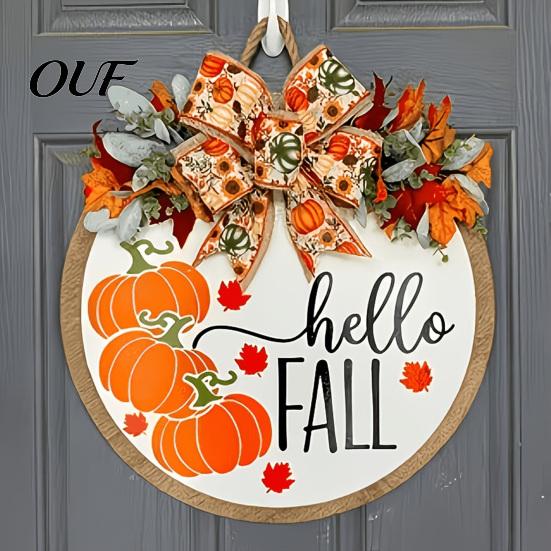 Decorative Hanging Pumpkin Hello Fall Door Hanger, Wooden Welcome Sign with Bow, Thanksgiving Party Supplies Rustic Autumn Wreath for Front