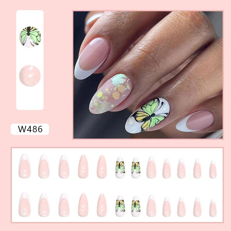 Fairy Butterfly Almond Nail Gentle White French Glitter Marble Cracked European and American ins Style Nail Art