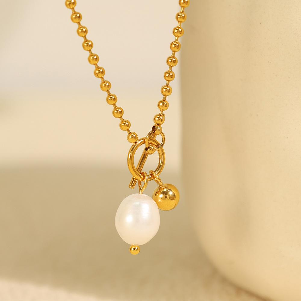European and American OT buckle pearl pendant necklace female ins design sense titanium steel cold wind collarbone chain