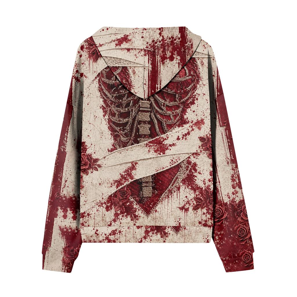 Women's Casual Long Sleeve Zip-Up Hoodie Sweatshirt with Halloween Print