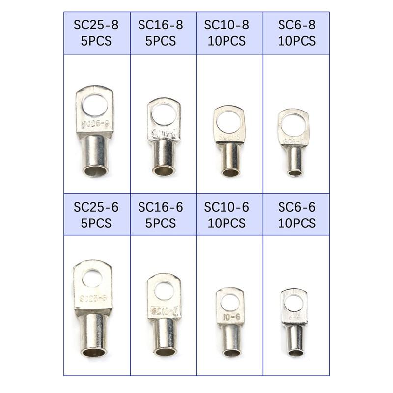 60pcs Battery Bare Copper Ring Lug Terminals Connector Wire Gauge SC6-25 Kit US