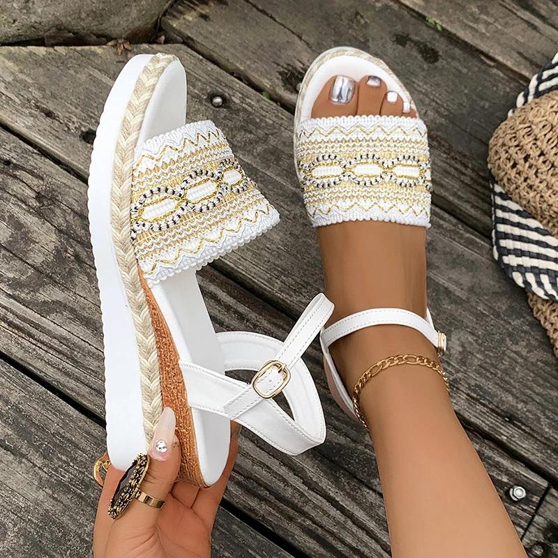 Fashion Plus Size Wedges Bohemian Sandals for Women Summer 2025 Platform Thick Bottom Sandles Woman Embroidery Lightweight Rome Sandals