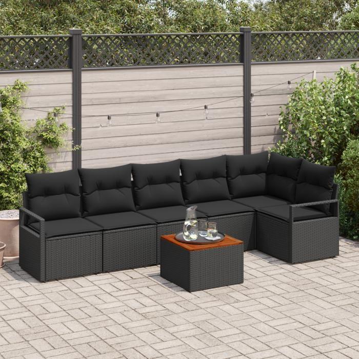 Ensemble de Canapés de Jardin 7 pièces avec Coussins Noir Rattan Poly Acacia, Canapé de Jardin 2 places avec Coussins Noir 3347716
