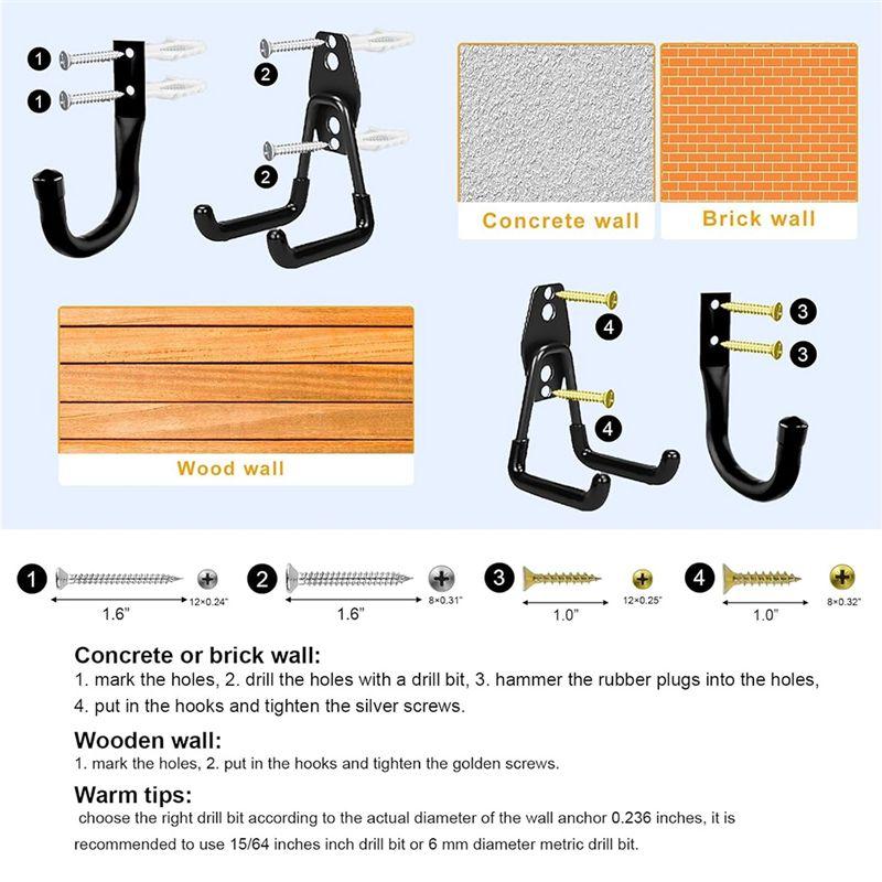 ABIY Heavy Duty Garage Wall Hooks Utility J Hooks For Hanging Ladders, Bikes Power Tools With Anti-Slip Coating