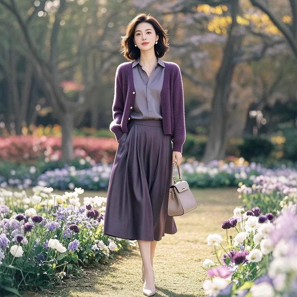 Trendy European Purple Knit Cardigan & Midi Skirt Three-Piece Set for Women