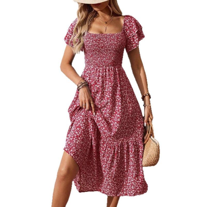 Spring and summer new TK women's clothing with short sleeves and square neck floral dress length
