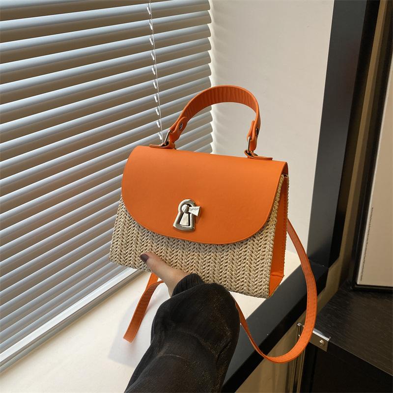 Woven Splicing Fashionable Personalized Lock 2025 Foreign Style Summer New Straw Crossbody Shoulder Portable Small Square Women's Bag