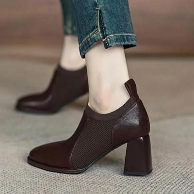 Nouveaux Talons Hauts Bottines Nues Printemps et Automne Marron Tricoté Décolleté Profond Chaussures Simples Style Britannique Petites Chaussures en Cuir