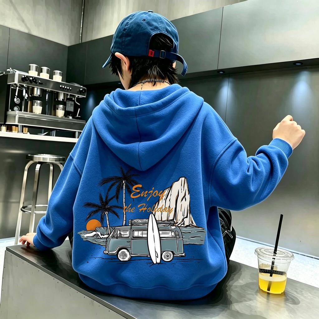 American Retro Coconut Tree Beach Traveler Double-sided Printed Hooded Sweatshirt for Boys and Girls - Children's Casual Top Set