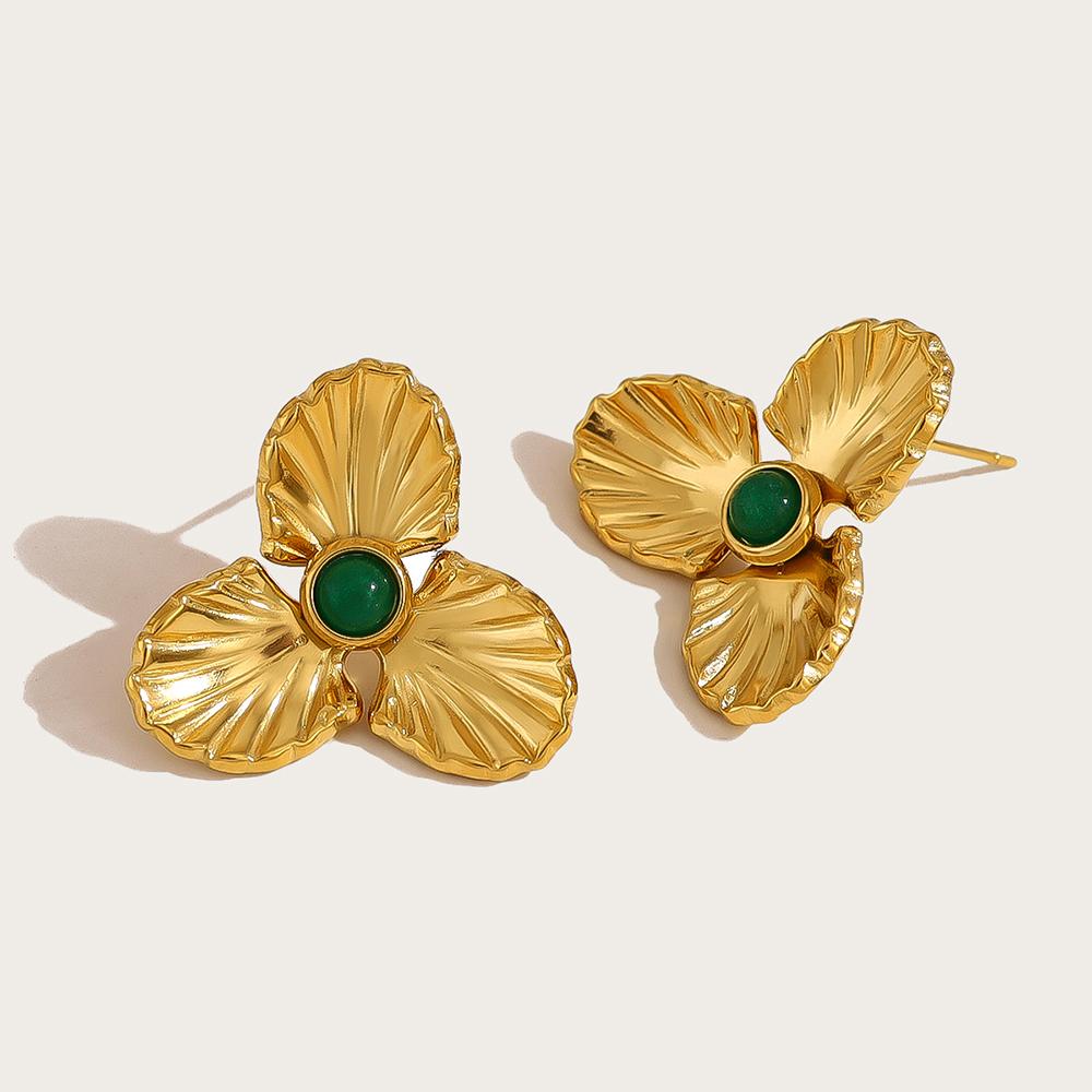 

YACHAN Trendy Stainless Steel Floral Stud Earrings for Women Vintage Luxury Natural Stone 18K Gold Plated Jewelry