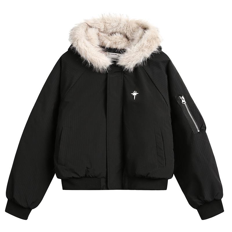 Unisex Short Winter Cotton Jacket with Thick Fur Collar Hood