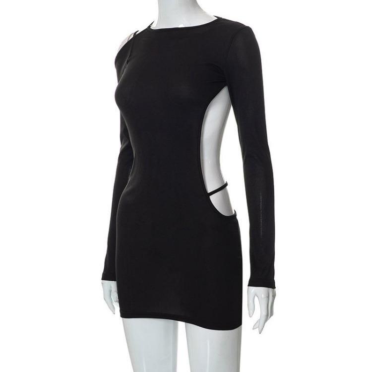 Elegante Vestido Midi Sexy sin Espalda con Aberturas de Manga Larga para Fiesta Club para Primavera Verano Caluroso