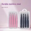 Four-Piece Stainless Steel Eyebrow Tweezers Set: Pointed, Flat, Slanted, Hook for Precise Eyebrow Shaping and Hair Removal.