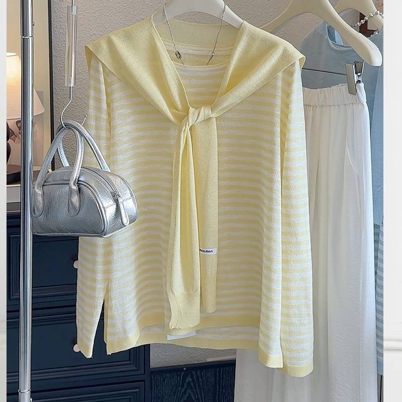 Summer Knit Top With Stripes For Casual Wear In Polyester Fabric For Women
