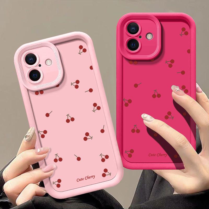 Cute Cherry Pattern TPU Soft Matte Phone Case For iPhone 16 Pro Max 15 Pro 14 13 12 11 XR XS Shockproof Lens Protection Bumper Cover