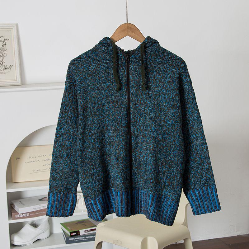 

[66 Предпочтительно] Ленивый Повседневный | Толстовка с капюшоном, длинными рукавами и молнией, смешанная нить на ощупь, контрастная цветная вязка, верхняя одежда, женский кардиган, весна и осень Sea Blue S