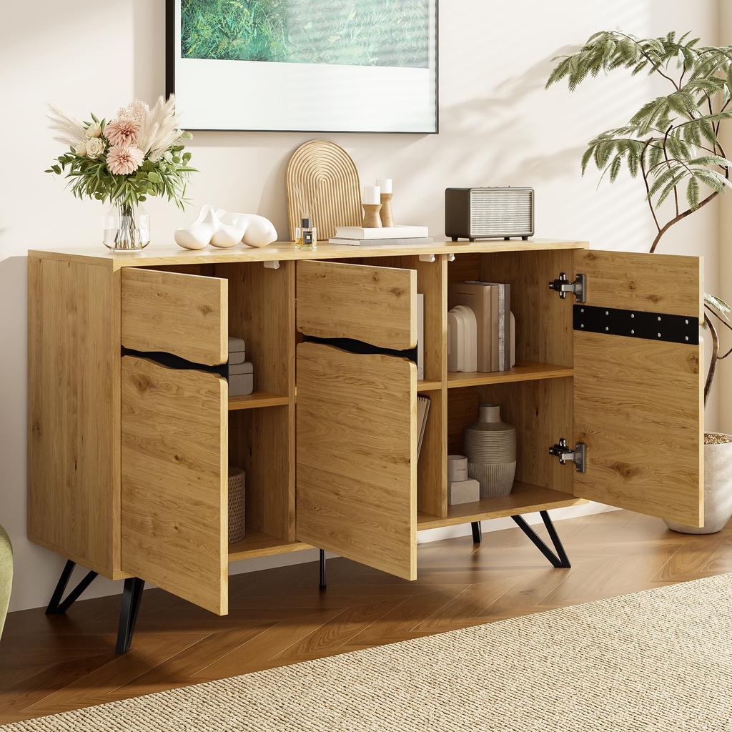 3-Door Sideboard in Wood Look with Metal Legs - Modern Design, Lots of Storage, Easy to Clean - Suitable for Living Room, Dining Room, Hallway