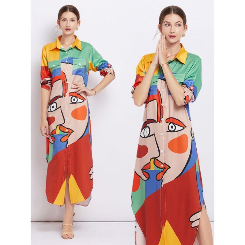 

Весна и Лето Новый Модный Стиль Попробуйте Платье-рубашку Контрастного Цвета с Абстрактным Принтом Лица Модное Элегантное Двустороннее Платье Abstract Contrast Color M