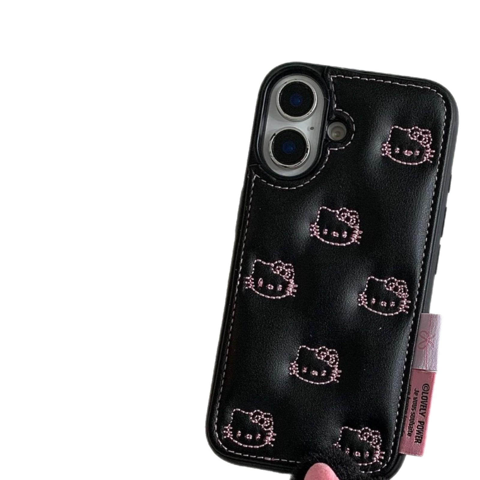 

Cartoon Leather Grain Embroidered KT Cat iPhone 14/13/15/16/17 Pro Max Anti-Fall Case iPhone 15 Pro