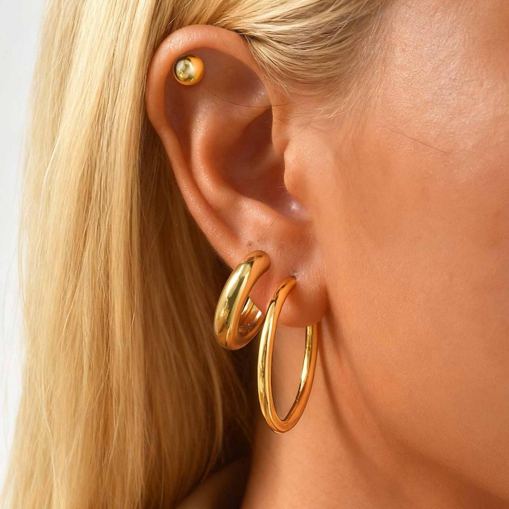 18K Gold Plated Stainless Steel Hoop Earrings, Hypoallergenic Ball Studs For Multiple Piercing Stack Women 3pcs in One Set
