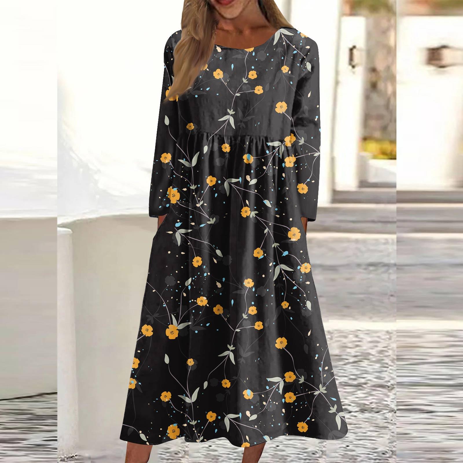 

Женское повседневное платье средней длины с круглым вырезом и принтом, платье средней длины с длинными рукавами и карманом