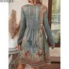 MODIQUE 2025 Summer New Women's Casual Retro Floral Print Gradient Color Short Dress Ladies Loose A-Line Long Sleeve O-Neck Dress