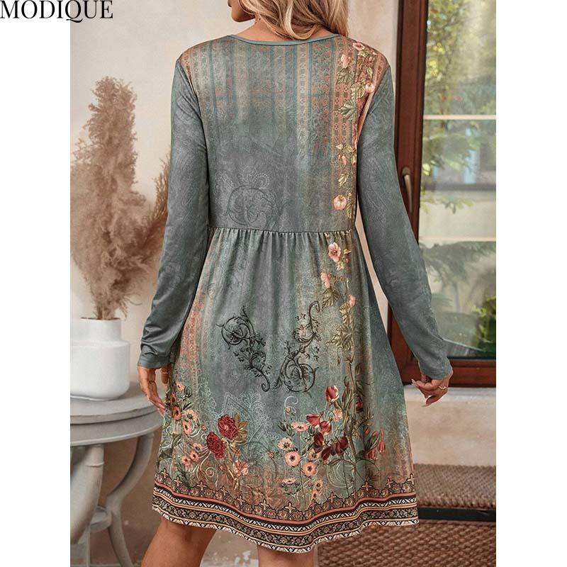 MODIQUE 2025 Summer New Women's Casual Retro Floral Print Gradient Color Short Dress Ladies Loose A-Line Long Sleeve O-Neck Dress