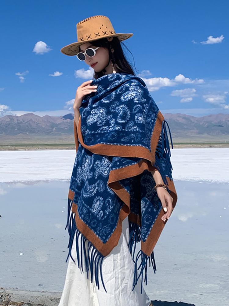 Winter Women Scarf Layers Poncho Elegant Lady Retro Print Tassel Wraps Shawl Casual Scarve Capa Para Mujer Pashmina Cloak Boho